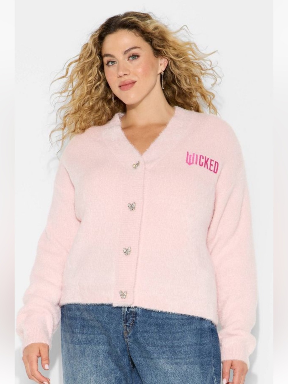 Katie Kime Wicked Pink fuzzy 3X Cardigan Sweater rhinestone butterfly button NEW